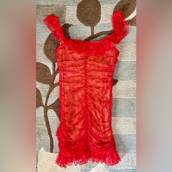 Majorelle Off Shoulder Bandit Mini Dress in Red Swiss Dot TB5